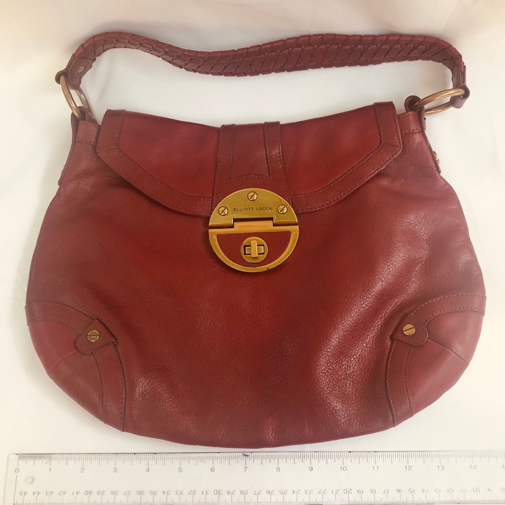 Elliott Lucca woven strap cabernet leather purse